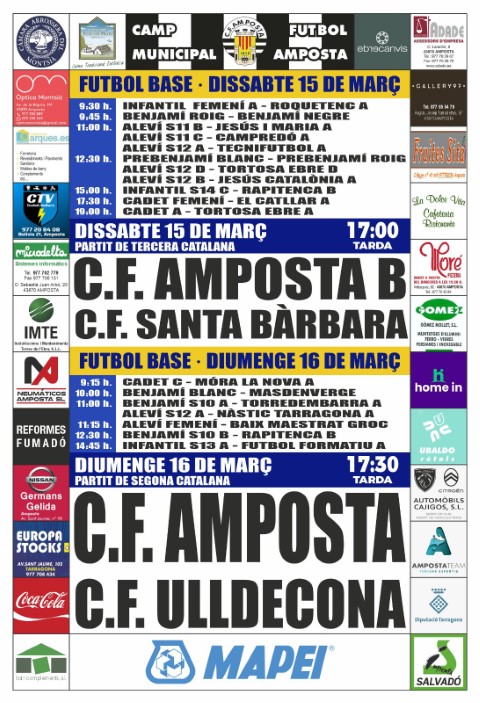 Jornada 22 SEGONA CATALANA GRUP 6. Diumenge 16 de mar 17:30 hores: CF AMPOSTA - CF ULLDECONA